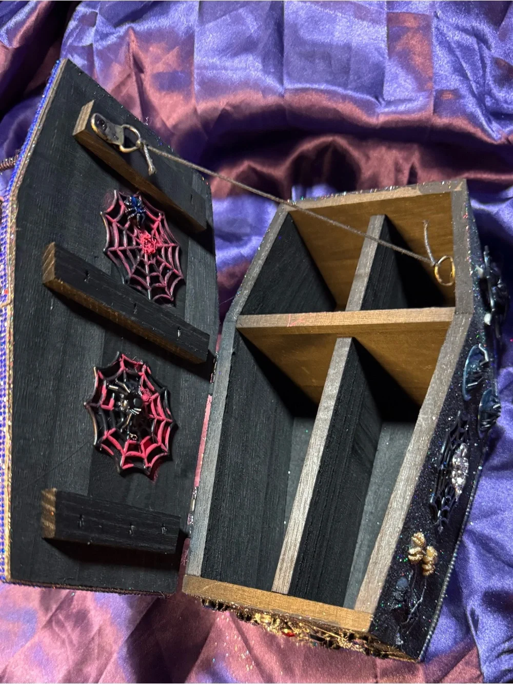 Glitter Spider Coffin trinket box — Black with Blue & Silver Accents